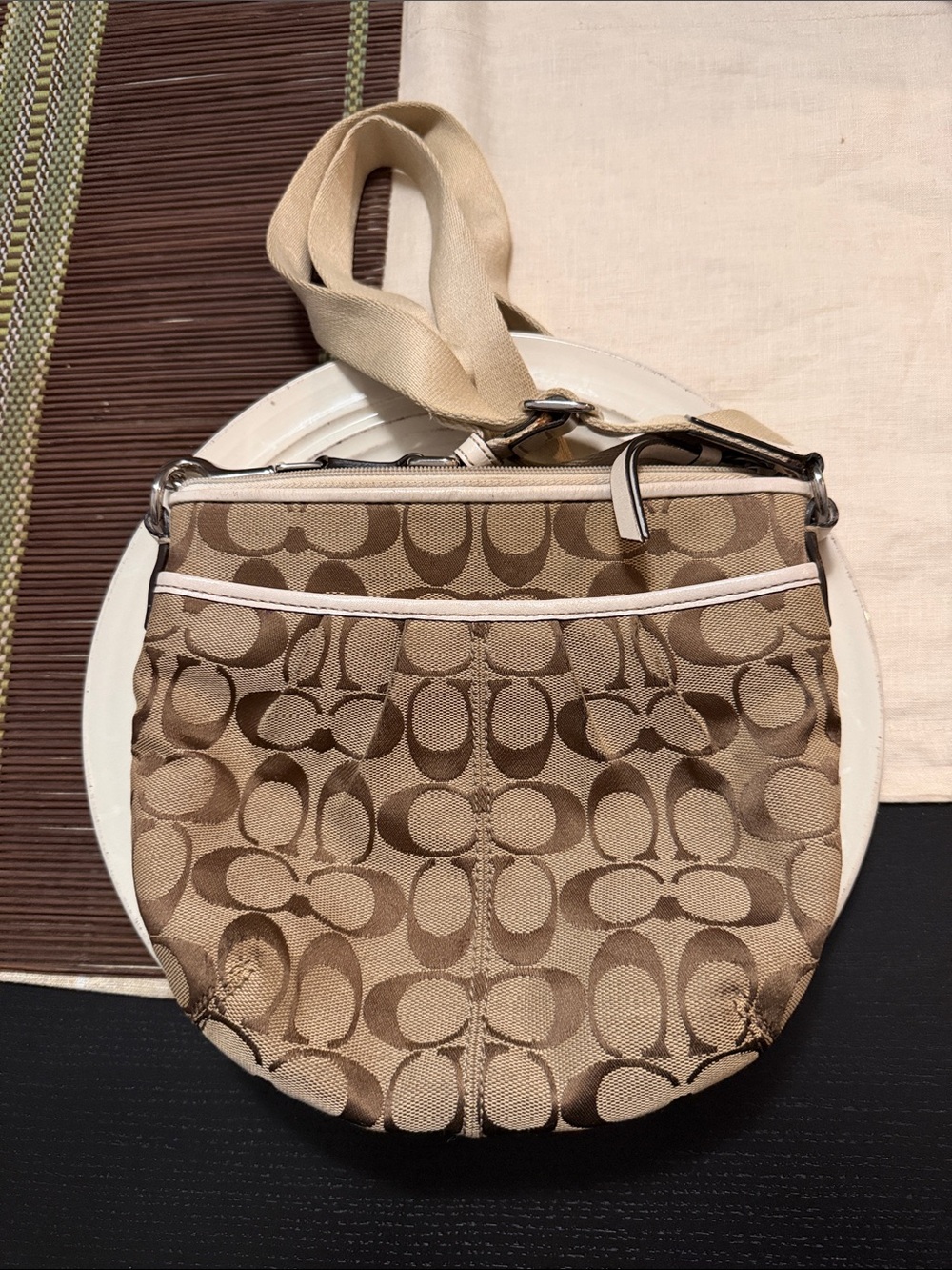 Coach Tan Signature Canvas Crossbody with Cream Trim